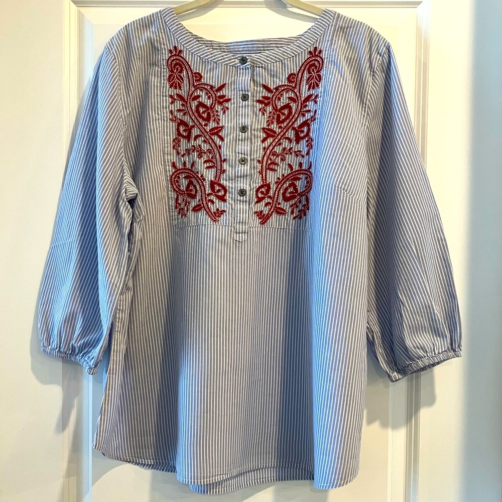 Talbots Embroidered Appliqué Top 100% Cotton Henley Boho Women’s Size XL Top